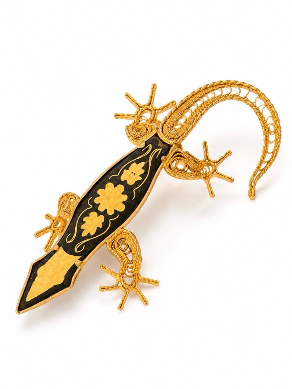 Vintage Siam Thailand Damascene Lizard Gecko Brooch Gold Tone Black Floral Pin